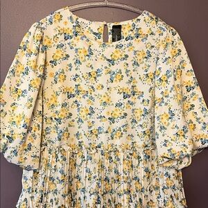 Code X Mode Floral Dress with puff sleeves with Yellow & Blue Flowers & ruffles